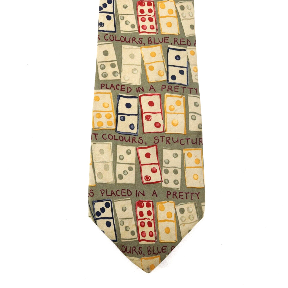 Vintage Structure Tie Mens 58 in Silk Multicolor Khaki Green Dominoes Wide